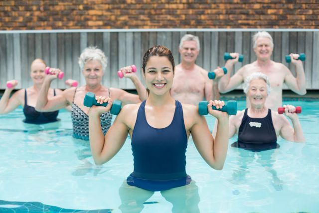 Group of senior individuals participating in a water aerobics class led by a trainer in a swimming pool. Ideal for promoting senior fitness, health and wellness programs, active lifestyle, and aquatic exercise routines.