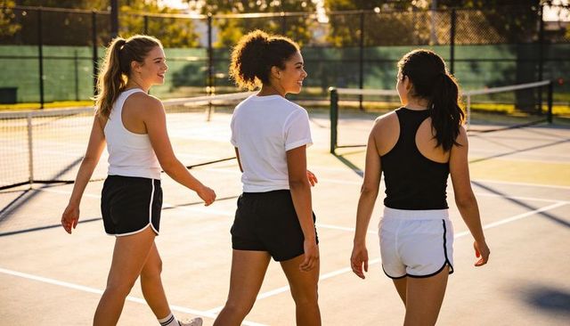 Teen female athletes walking on sunlit tennis court showing camaraderie at golden hour