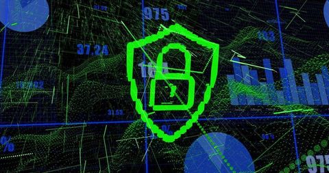 Neon Green Shield Lock Overlaying Digital Network Dashboard Showing Cybersecurity Data Mesh