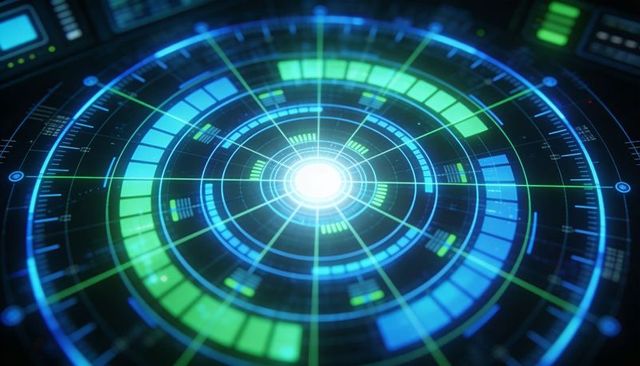 Futuristic Holographic Circular Interface with Glowing Core and Neon Data Rings