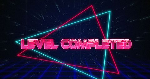 Retro Level Completed Text with Neon Triangles in Hyperspace - Download Free Stock Images Pikwizard.com