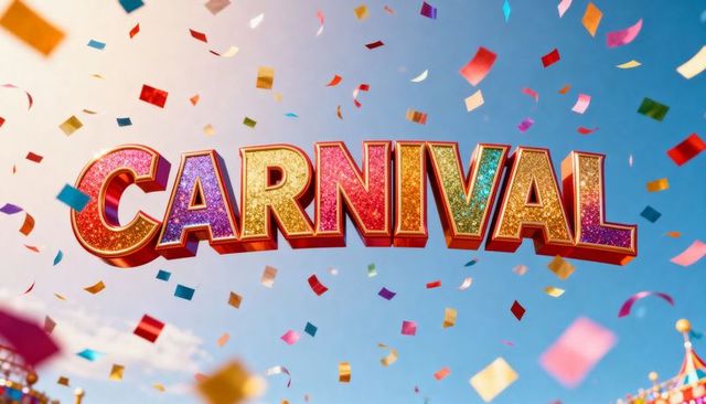Glittering 3d carnival sign floating and shining over blue sky with colorful confetti