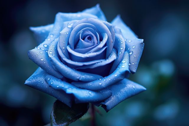 A blue rose glistens with water droplets, symbolizing mystery. Its unique color often represents the unattainable or the mysterious in floral language.