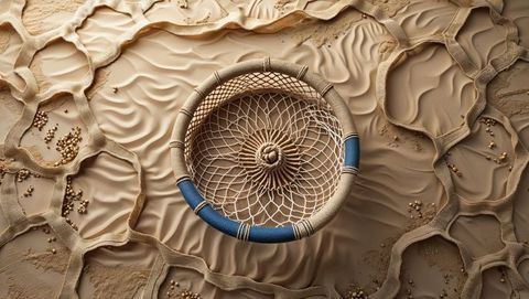 Artisanal rope net on sand and neural patterns