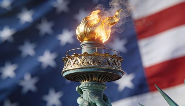 Statue of liberty torch glowing with flame against blurred american flag backdrop