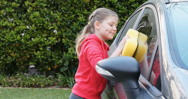 Happy caucasian girl holding yellow sponge and washing car in garden. Childhood, transport and lifestyle, unaltered.