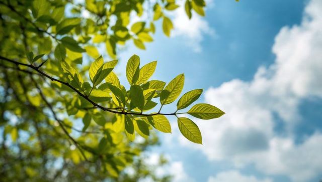 Sunlit veined leaves on delicate branch against blue sky with soft cloud bokeh