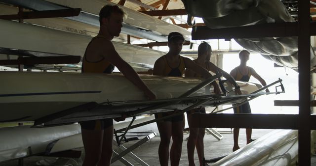 Rowers from rowing club preparing boat equipment in boathouse - Download Free Stock Images Pikwizard.com