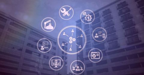 Digital Interface Icons Superimposed Over Office Buildings - Download Free Stock Images Pikwizard.com