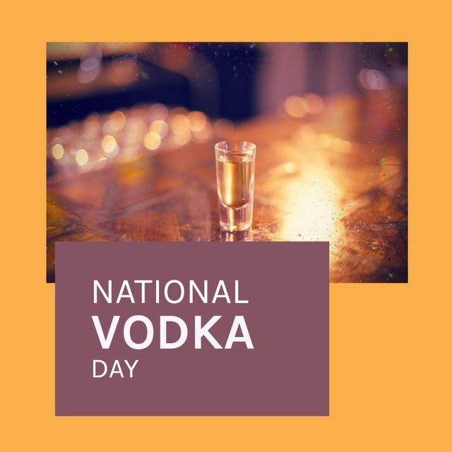 Image of national vodka day over vodka shot. Alcohol, beverage, drink, bar and party concept.