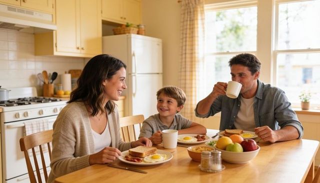 Family sharing sunny breakfast at kitchen table with smiling parents and son