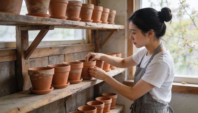 Woman arranging terracotta pots on rustic wooden shelves in bright potting shed