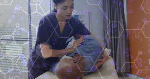 Depicts female doctor caring for patient with a digital overlay of scientific data chains, symbolizing the integration of modern technology and healthcare. Useful for articles and marketing material related to medical technology advancements, healthcare innovation, and digital health solutions.
