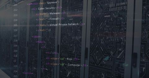 Cybersecurity in modern data center with server cabinets and html code