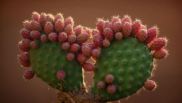 Prickly pear cactus pads wearing crown of red fruit, backlit golden hour close-up