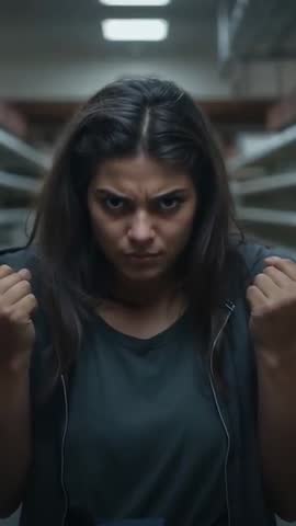 Young Woman Clenching Fists Preparing for Confrontation in Warehouse Aisle Vertical Video