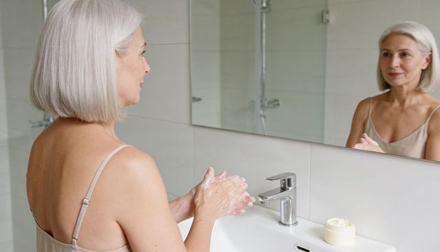 Senior woman washing hands at bathroom sink lathering soap while looking in mirror