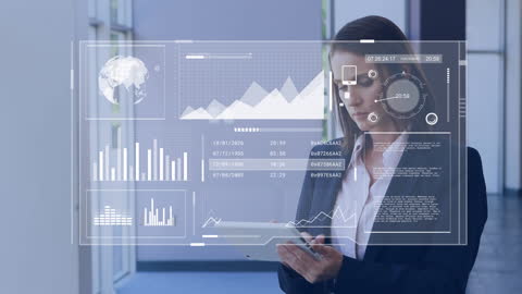Businesswoman Using Tablet with Virtual Data Interface Overlay