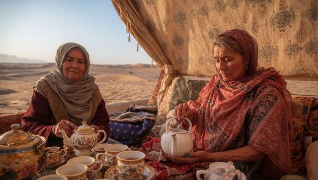 Senior women pouring tea in desert tent sharing porcelain tea set and embroidered textiles