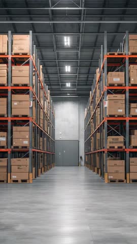 Vertical warehouse aisle showing LED-lit high racks, stacked pallets and double doors