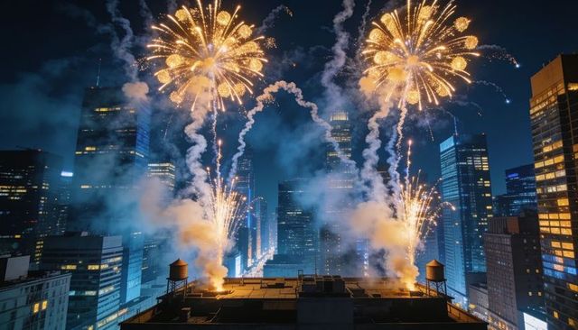 Rooftop fireworks lighting night skyline over downtown skyscrapers and urban rooftops