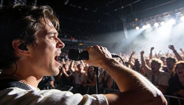 Male singer performing to packed crowd holding microphone backlit stage live concert vibe