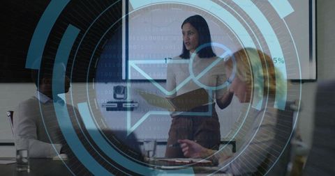 Confident Businesswoman Presenting Report with Futuristic Interface Overlay