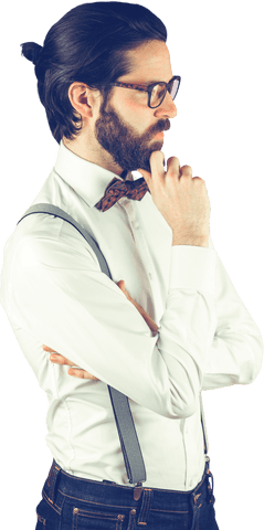 Thoughtful transparent hipster guy pondering in style