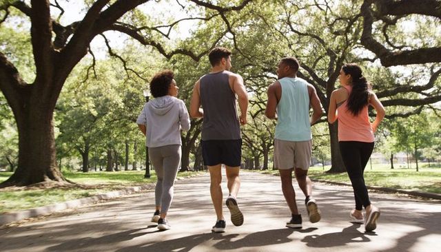 Group Jogging Under Oak Canopy on Sunlit Park Pathway for Fitness and Wellness