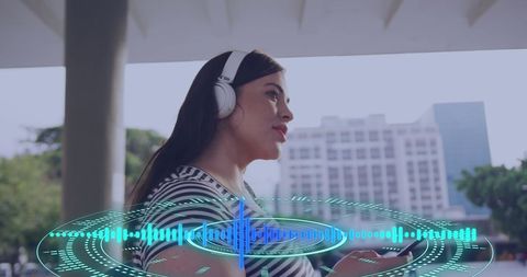 Woman with headphones surrounded by digital sound wave