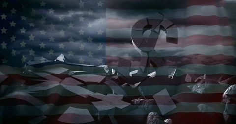 Storm clouds gathering over fractured dollar rising from rubble with american flag overlay