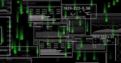 Futuristic interface with coding panels and binary flow