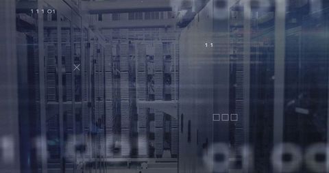 Futuristic Data Center with Glowing Server Racks and Digital Overlay