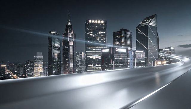 Futuristic night skyline featuring curved led highway guiding urban business corridor