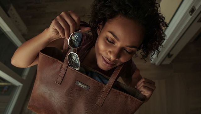 Holding brown leather tote while pulling sunglasses in warm home hallway lifestyle