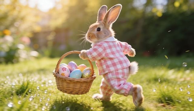 Easter bunny hopping through sunlit garden carrying basket of pastel eggs