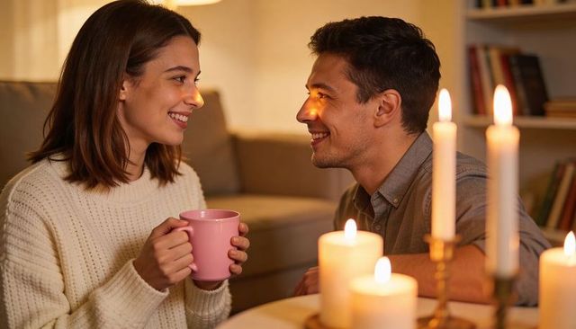 Candlelit cozy couple sharing warm drink and smiles in living room evening romance