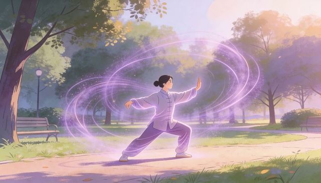 Woman practicing tai chi in sunlit park with glowing purple energy rings and calm focus