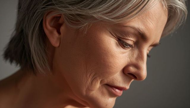 Contemplating mature woman gazing downward with soft side light, closeup profile portrait