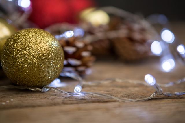 Golden Christmas bauble surrounded by fairy lights and pine cones on a wooden surface. Ideal for holiday greeting cards, festive season promotions, and Christmas-themed advertisements.