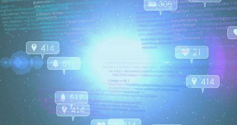 Pulsing notification badges orbiting bright core in futuristic data visualization