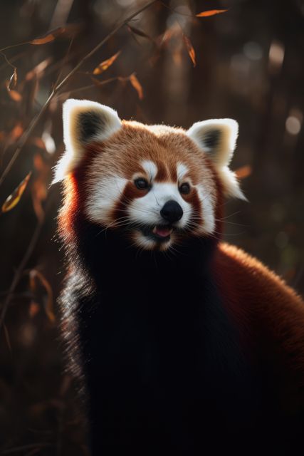 Close up of red panda in forest, created using generative ai technology. Animal, wildlife and nature concept digitally generated image.
