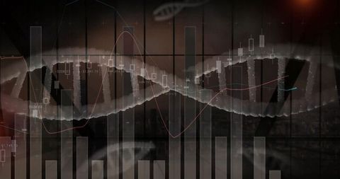 Displaying glowing DNA helix overlaying financial charts with skyline backdrop