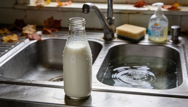 Glass milk bottle collecting condensation on sunlit stainless sink with autumn leaves