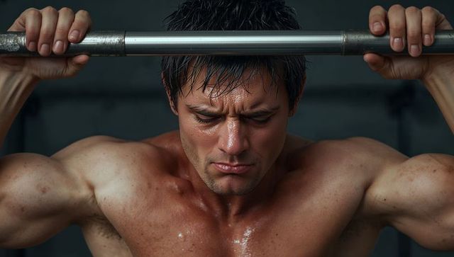 Intense shirtless athlete performing pull-up on metal bar, sweaty muscular shoulders