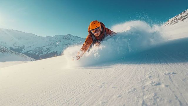 Adventurous snowboarder carving powder on alpine slope