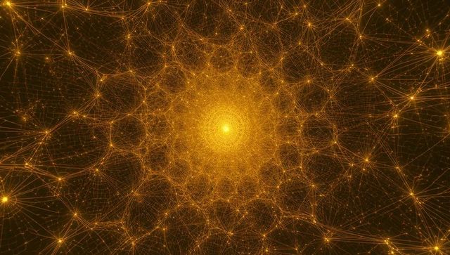 Golden Fractal Network Radiating Central Core with Hexagonal Lattice and Glowing Nodes