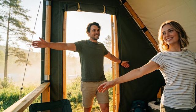 Couple enjoying sunrise glamping on canvas tent deck, stretching arms into sunlit meadow