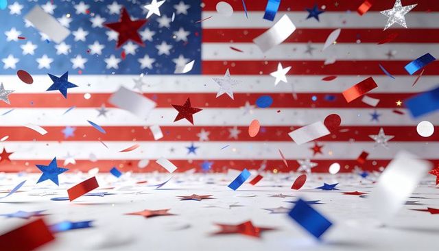Red white blue metallic confetti falling over american flag backdrop patriotic celebration