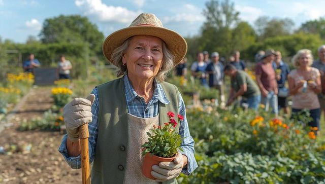 Smiling senior woman holding potted flowers and spade in community garden